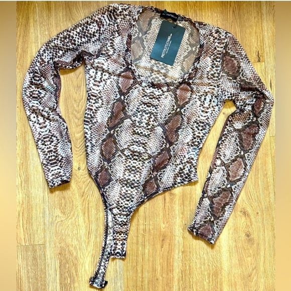 PrettyLittleThing Tops - NWT, Pretty Little Thing Snakeskin Print Sheer Bodysuit